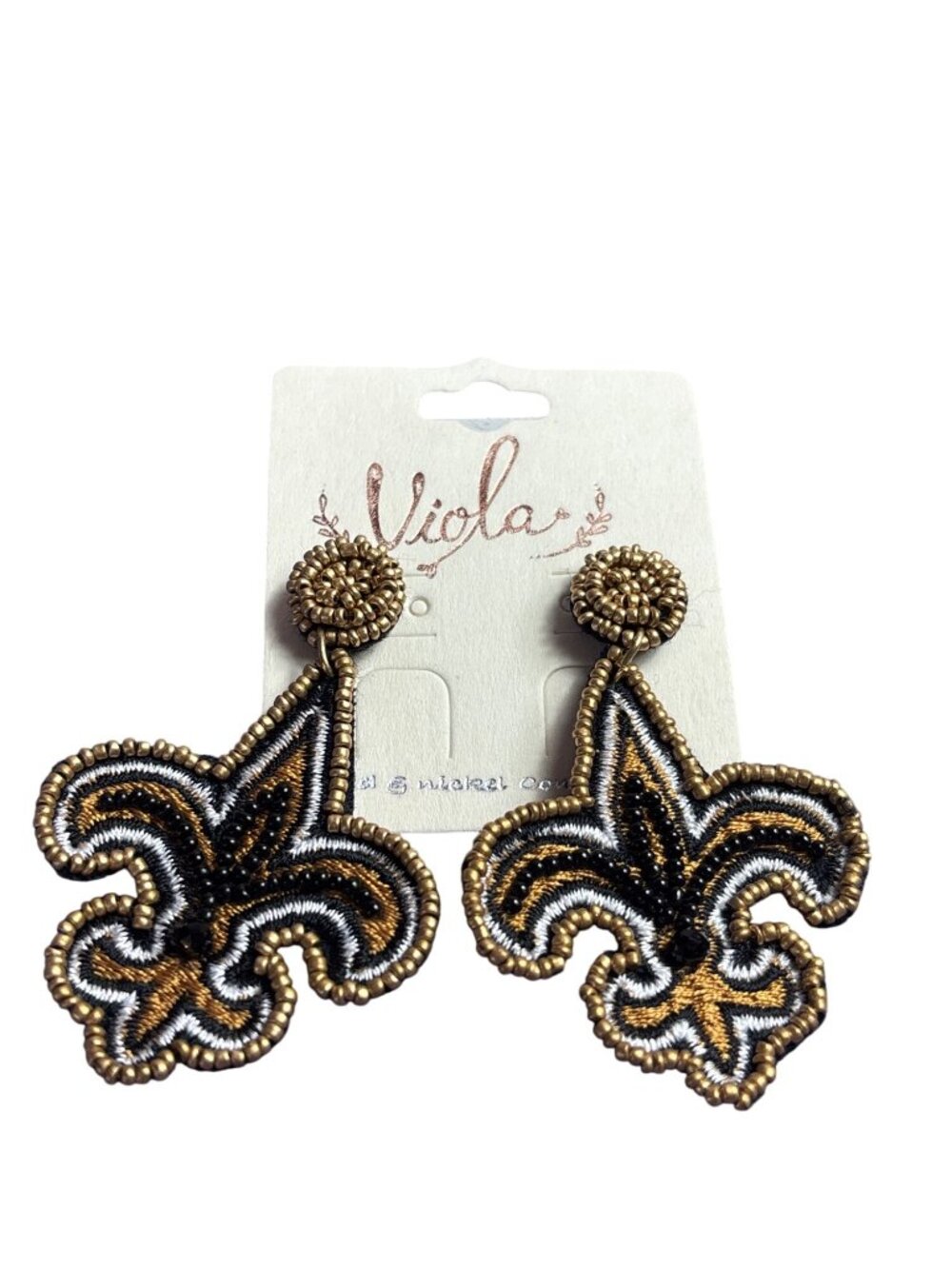 Viola Fleur De Lis Goldtone Black White Seed Beads 2.5 inches New